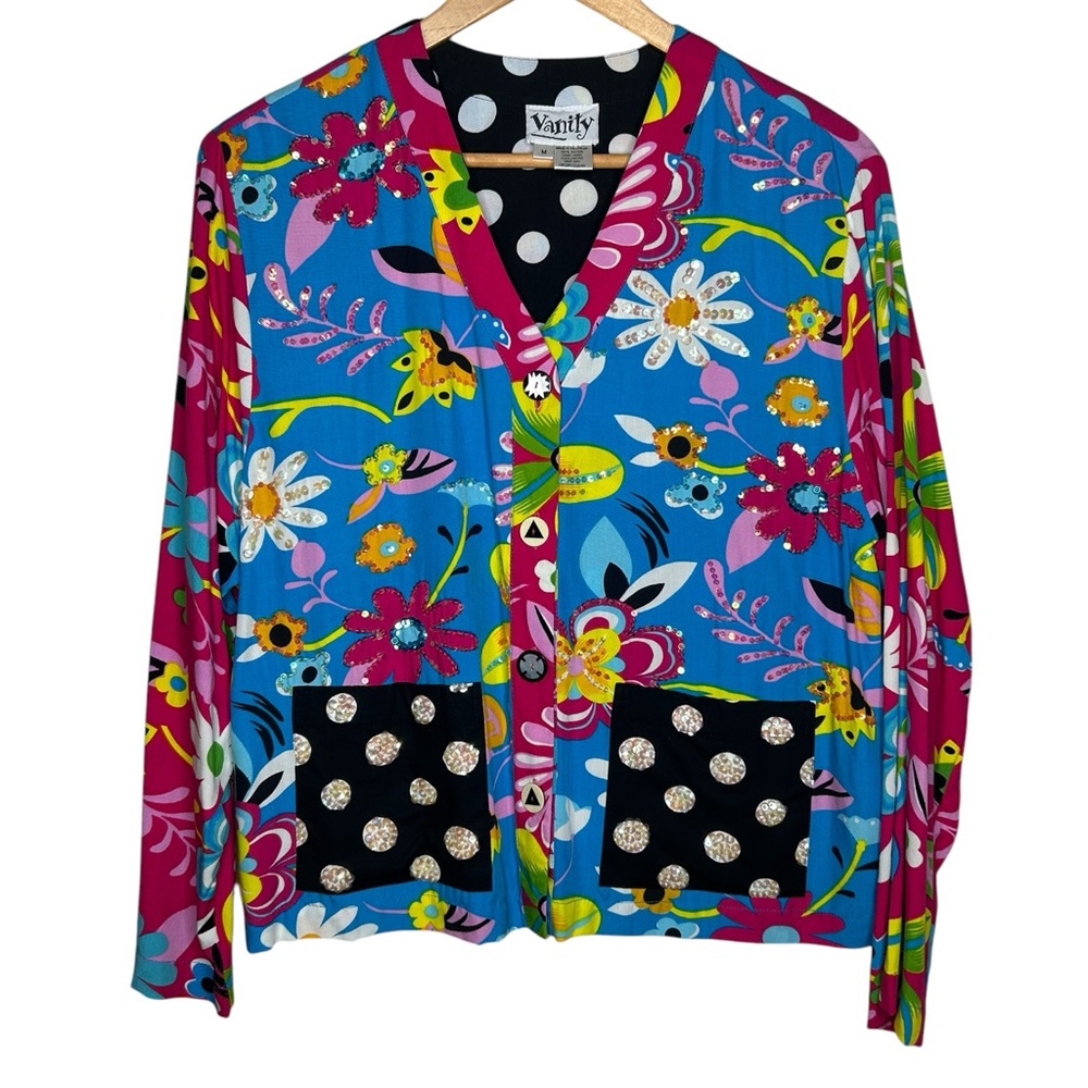🩷 Vanity Y2k 90s Women Funky Artsy Sequin Colorful Floral Button up Top Medium
